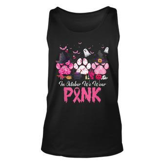 In October We Wear Pink Breast Cancer Halloween Dog Paws Tank Top - Monsterry