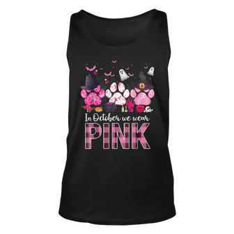 In October We Wear Pink Breast Cancer Halloween Dog Paws Tank Top - Seseable