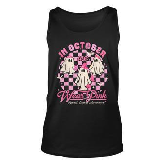 In October We Wear Pink Halloween Breast Cancer Awareness Tank Top | Mazezy