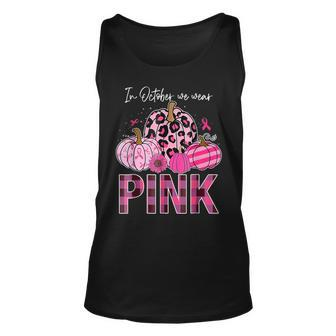 In October We Wear Pink Ribbon Leopard Pumpkin Breast Cancer Tank Top - Seseable