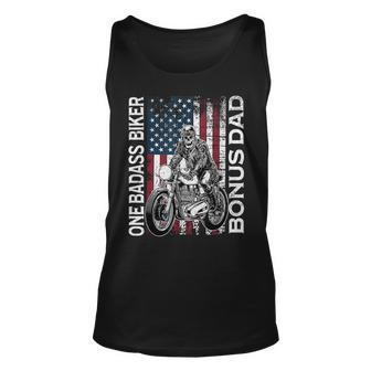 One Badass Biker Bonus Dad Grunge American Flag Skeleton For Dad Tank Top | Mazezy