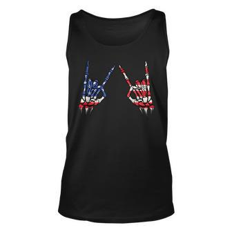 Patriotic Usa Flag Skeleton Rock On Devil Horns 4Th Of July Patriotic Tank Top | Mazezy