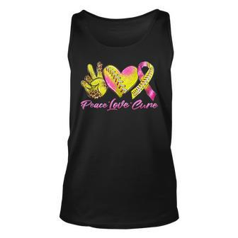 Peace Love Cure Pink Ribbon Softball Breast Cancer Awareness Tank Top - Seseable