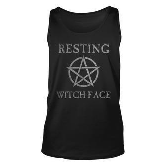 Resting Witch Face Halloween Pentagram Vintage Halloween Tank Top | Mazezy