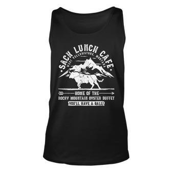 Sack Lunch Cafe Funny Rocky Mountain Oysters Montana Unisex Tank Top | Mazezy