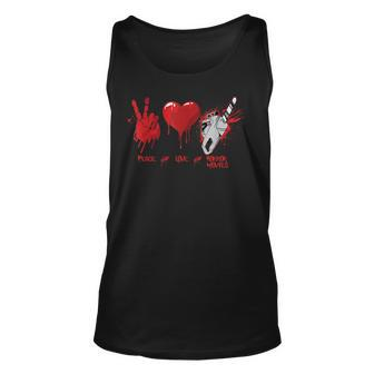 Scary Peace Love Horror Movies Chain Saw Heart Scary Tank Top | Mazezy