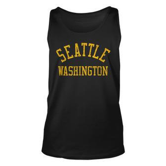 Seattle Washington Arched Text Distressed Amber Print Tank Top | Mazezy