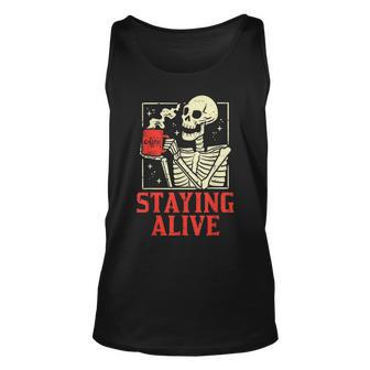 Staying Alive Skeleton Coffe Retro Vintage Halloween Halloween Tank Top | Mazezy