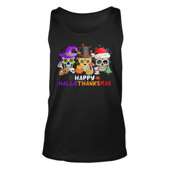 Sugar Skull Happy Hallothanksmas Halloween Thanksgiving Xmas Tank Top - Seseable