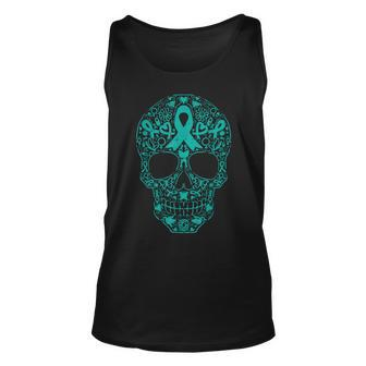 Sugar Skull Teal Ribbon Ovarian Cancer Awareness Mexican Tank Top - Monsterry