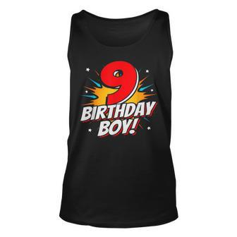 Superhero Birthday Boy Party 9 Year Old 9Th Birthday Unisex Tank Top | Mazezy UK