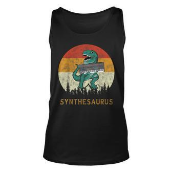 Synthesaurus Dinosaur Holding Synthesizer Analog T-Rex Synth Dinosaur Tank Top | Mazezy