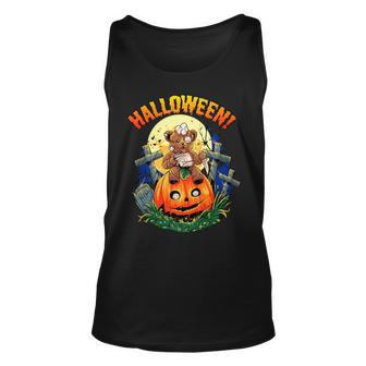 Teddy Halloween Bear Scary Little Bear Zombie On Pumpkin Unisex Tank Top | Mazezy