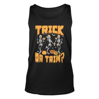 Trick Or Trim Halloween Hairstylist Skeletons And Pumpkins Tank Top - Monsterry