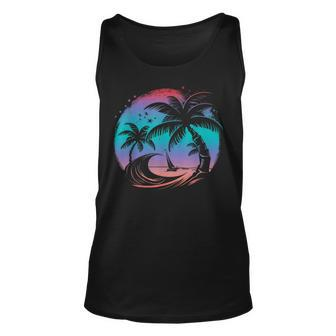 Tropical Palm Trees With Sailboat Beach Island Sunset Unisex Tank Top - Seseable