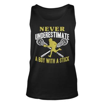 Never Underestimate A Boy With A Stick Lax Player Lacrosse Lacrosse Tank Top | Mazezy