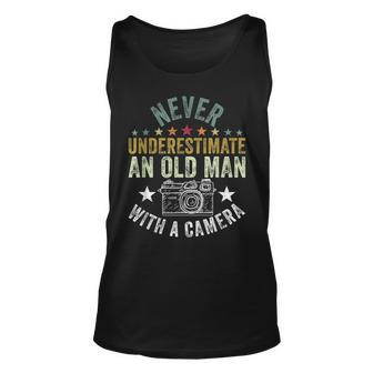 Never Underestimate An Old Man With A Camera Lover Cameraman Old Man Tank Top | Mazezy