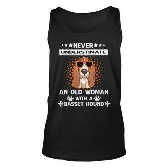 Never Underestimate An Old Woman With A Basset Hound Old Woman Tank Top | Mazezy