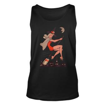 Vintage Bruja Pin Up Girl Witch On Broom Flying Halloween Halloween Tank Top | Mazezy