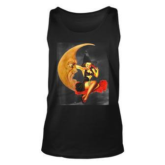 Vintage Pin Up Girl Witch On Moon Halloween Moon Tank Top | Mazezy