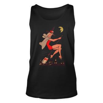 Vintage Pin Up Witch Halloween Pinup Girl Witches Broom Halloween Tank Top | Mazezy