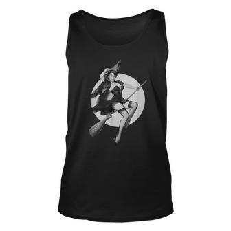 Vintage Pinup Witch On Witches Broom Halloween Pin Up Girl Halloween Tank Top | Mazezy
