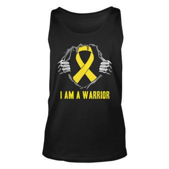 I Am A Warrior Childhood Cancer Awareness Gold Ribbon Tank Top | Mazezy