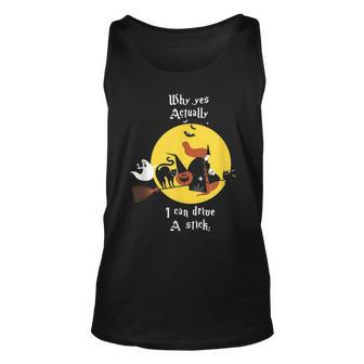 Why Yes Actually I Can Drive A Stick Funny Witch And Cat Unisex Tank Top | Mazezy
