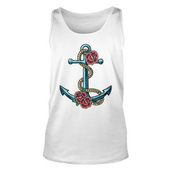Anchor With Rope And Roses Vintage Tattoo Graphic Unisex Tank Top | Mazezy