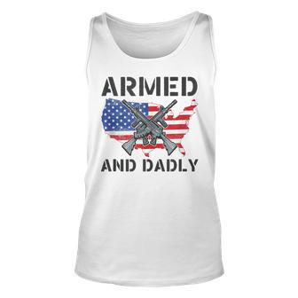 Funny Fathers Day Pun Us Flag Deadly Dad Armed And Dadly Unisex Tank Top | Mazezy