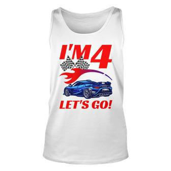 Kids 4 Year Old 4Th Racing Racecar Birthday Party Boys Girls Unisex Tank Top - Monsterry