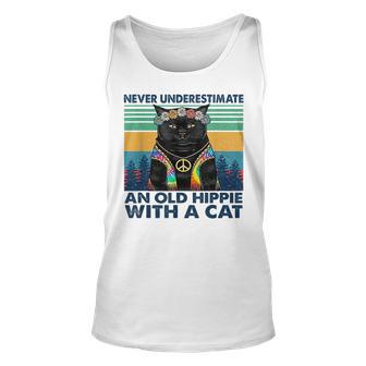 Never Underestimate An Old Hippie With A Cat Funny Gifts Unisex Tank Top - Seseable