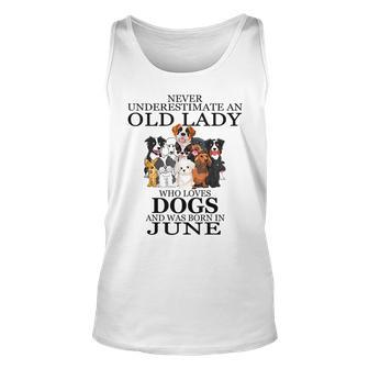 Never Underestimate An Old Lady Who Loves Dogs June Unisex Tank Top - Seseable
