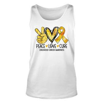 Peace Love Cure Childhood Cancer Awareness Gold Ribbon Tank Top | Mazezy
