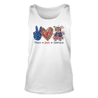 Peace Love Yorkshire Terrier Dog Patriotic America Flag 4Th Unisex Tank Top - Thegiftio UK