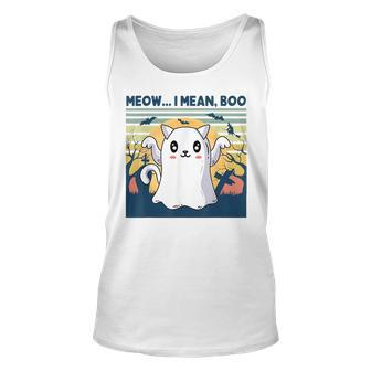 Retro Vintage Meow I Mean Boo Halloween Cat Ghost Meow Cat Halloween Tank Top | Mazezy
