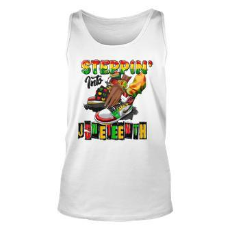 Stepping Into Junenth African American Black Shoes Unisex Tank Top | Mazezy CA