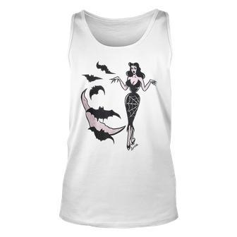 Vintage Pin Up Witch Bat Spider Web Halloween Pinup Girl Halloween Tank Top | Mazezy