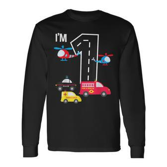 1St Birthday Fire Truck Police Car Ambulance 1 Year Toddler Long Sleeve T-Shirt | Mazezy