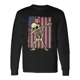 4Th Of July Dabbing Skeleton American Flag Dabbing Long Sleeve T-Shirt T-Shirt | Mazezy AU
