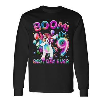 9 Years Old Dabbing Unicorn 9Th Birthday Girl Party Long Sleeve T-Shirt - Seseable