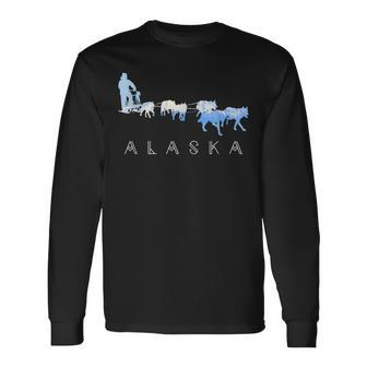 Alaska Sled Dogs Mushing Sled Dog Team Snow Mountain Scene Long Sleeve T-Shirt | Mazezy