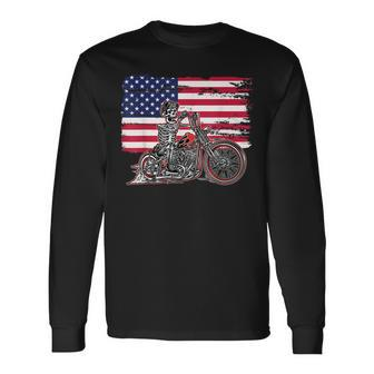 American Flag Motorcycle Skeleton Biker Bobber Chopper Rider Long Sleeve T-Shirt T-Shirt | Mazezy