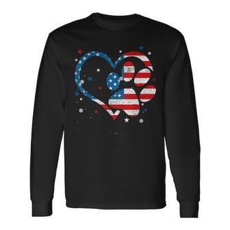American Flag Patriotic Dog & Cat Paw Print 4Th Of July Long Sleeve T-Shirt - Seseable