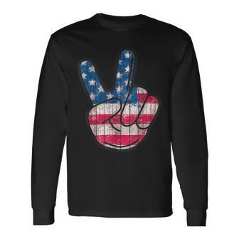 American Flag Peace Sign Hand 4Th Fourth Of July Long Sleeve T-Shirt - Monsterry UK