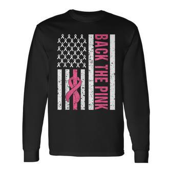 American Flag Back The Pink Breast Cancer Awareness Ribbon Long Sleeve T-Shirt | Mazezy