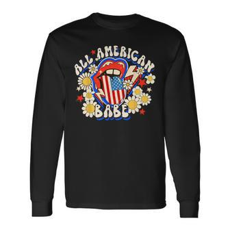 All American Retro Flower Babe 4Th Of July Usa Lip Patriotic Long Sleeve T-Shirt - Monsterry