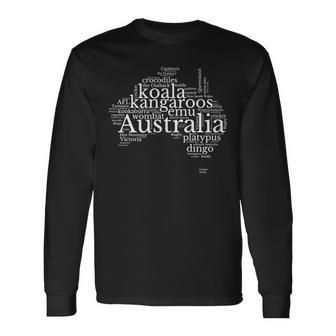 Australia Word Map Kangaroos Koala Wombat Emu Dingo Long Sleeve T-Shirt | Mazezy
