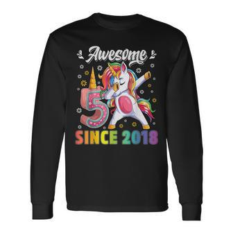 Awesome Dabbing Unicorn Birthday 5 Year Old Girl 5Th B-Day Long Sleeve T-Shirt - Seseable