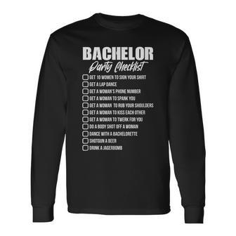 Bachelor Party Checklist Groom Groomsmen Stag Party Long Sleeve T-Shirt | Mazezy